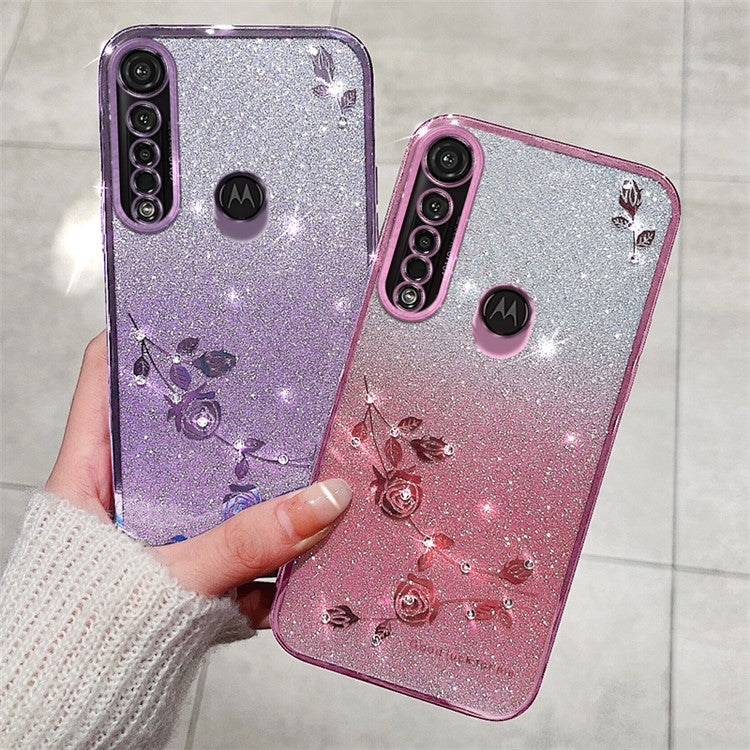 KADEM For Motorola Moto G8 Plus TPU Case with Strap Rhinestone Flower Phone Cover - Rose Gold