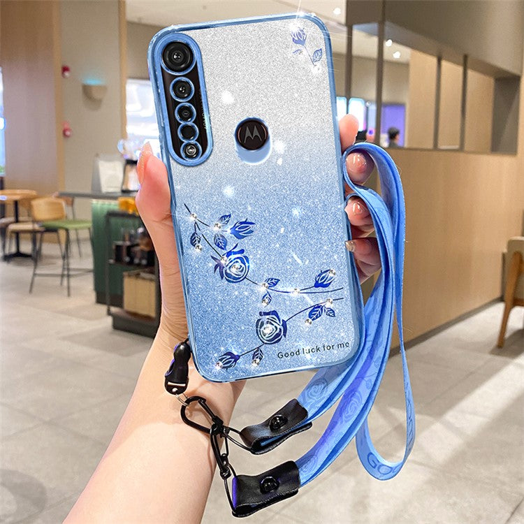 KADEM For Motorola Moto G8 Plus TPU Case with Strap Rhinestone Flower Phone Cover - Blue