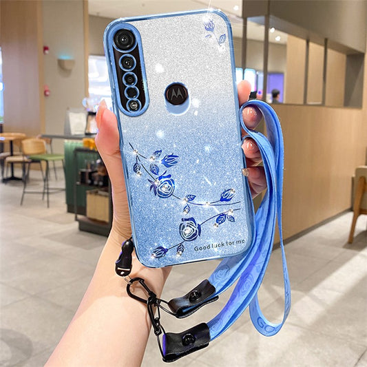 KADEM For Motorola Moto G8 Plus TPU Case with Strap Rhinestone Flower Phone Cover - Blue