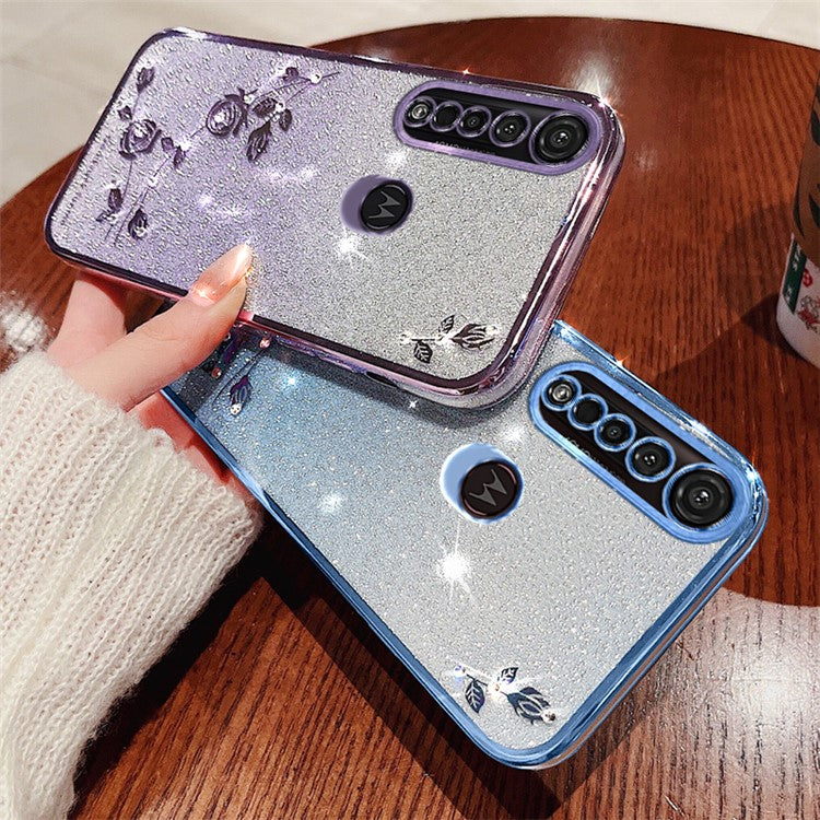 KADEM For Motorola Moto G8 Plus TPU Case with Strap Rhinestone Flower Phone Cover - Blue