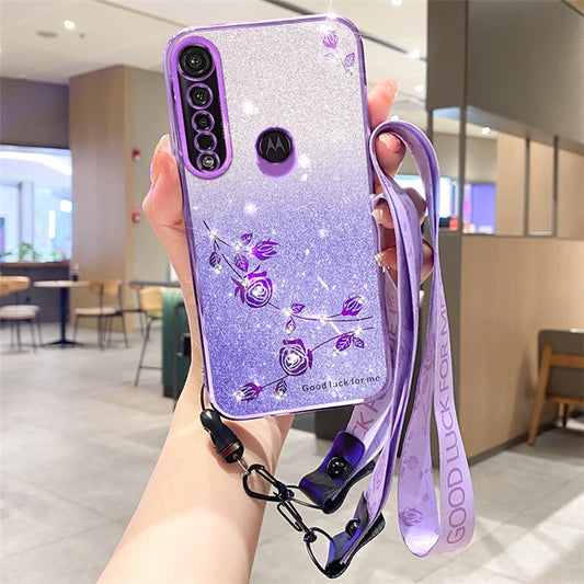 KADEM For Motorola Moto G8 Plus TPU Case with Strap Rhinestone Flower Phone Cover - Purple