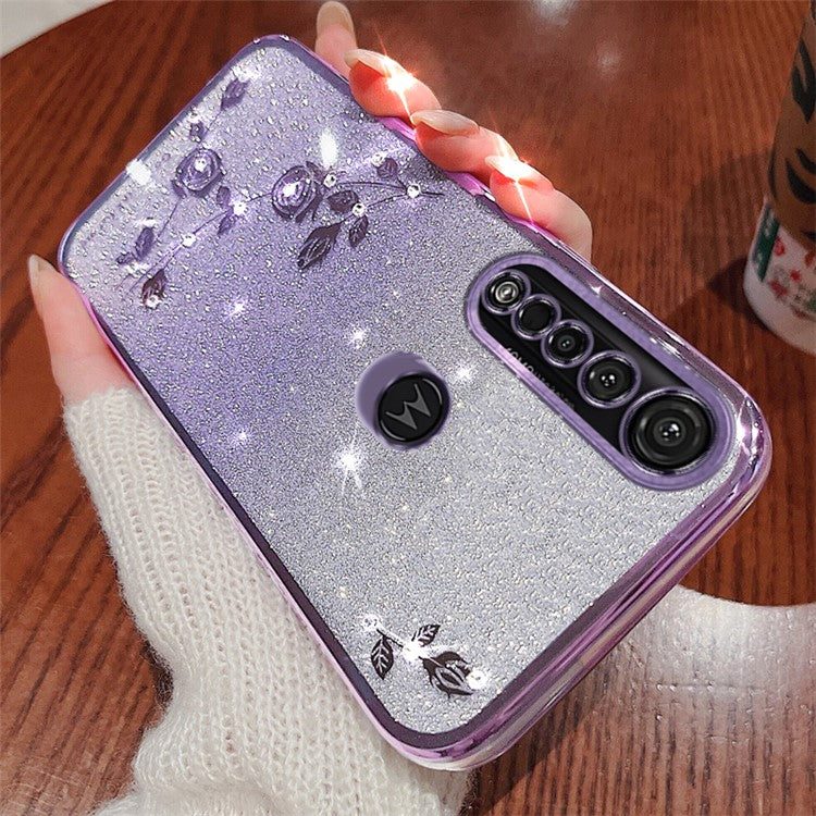 KADEM For Motorola Moto G8 Plus TPU Case with Strap Rhinestone Flower Phone Cover - Purple
