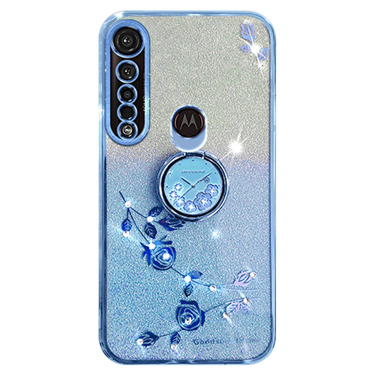 KADEM For Motorola Moto G8 Plus Case Flower Decor Glitter TPU Phone Cover with Kickstand - Blue