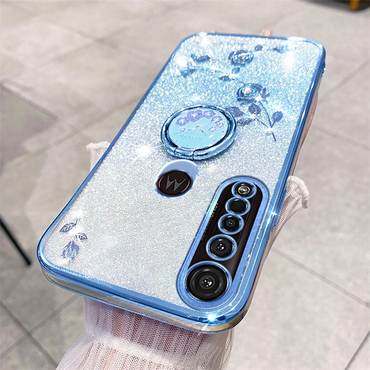 KADEM For Motorola Moto G8 Plus Case Flower Decor Glitter TPU Phone Cover with Kickstand - Blue