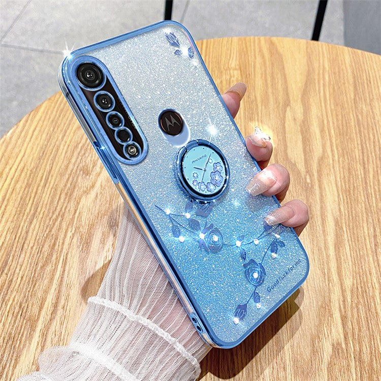 KADEM For Motorola Moto G8 Plus Case Flower Decor Glitter TPU Phone Cover with Kickstand - Blue