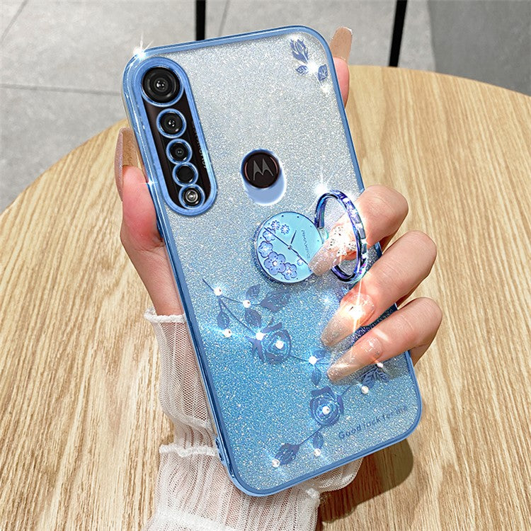 KADEM For Motorola Moto G8 Plus Case Flower Decor Glitter TPU Phone Cover with Kickstand - Blue