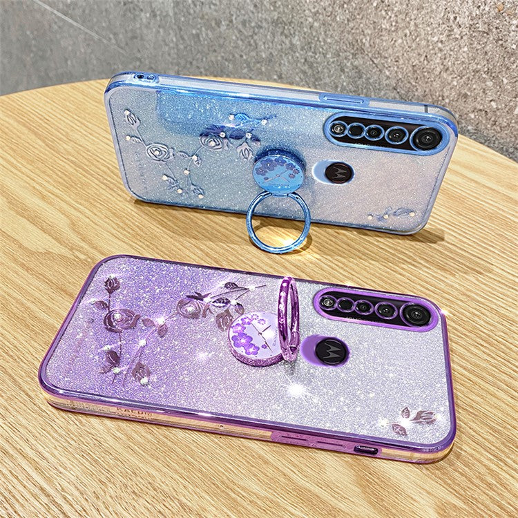 KADEM For Motorola Moto G8 Plus Case Flower Decor Glitter TPU Phone Cover with Kickstand - Blue