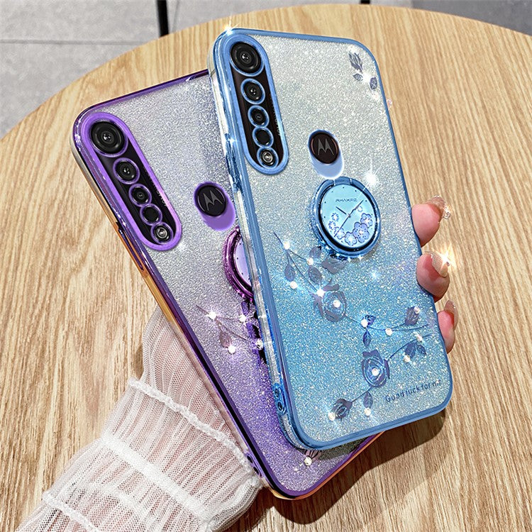 KADEM For Motorola Moto G8 Plus Case Flower Decor Glitter TPU Phone Cover with Kickstand - Blue