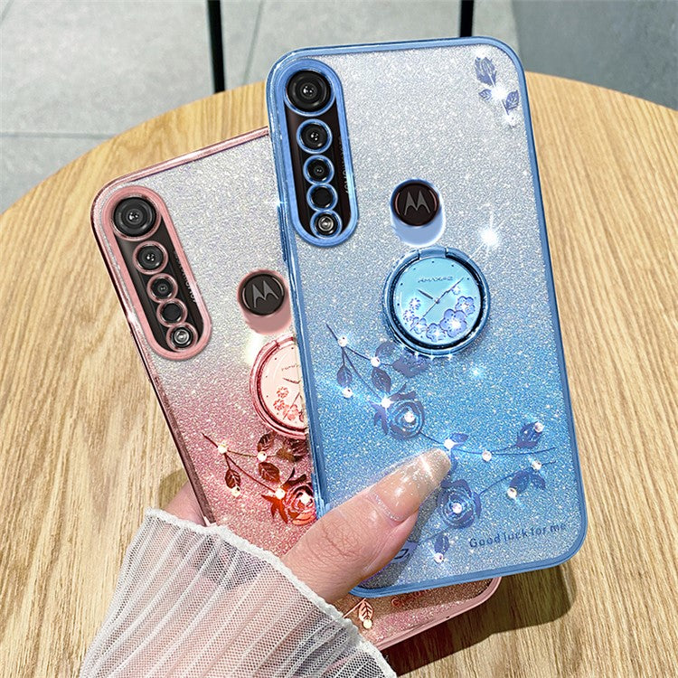 KADEM For Motorola Moto G8 Plus Case Flower Decor Glitter TPU Phone Cover with Kickstand - Blue