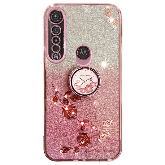 KADEM For Motorola Moto G8 Plus Case Flower Decor Glitter TPU Phone Cover with Kickstand - Rose Gold