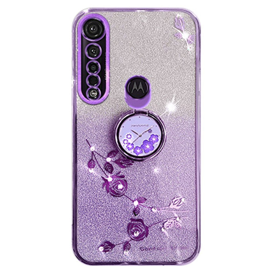KADEM For Motorola Moto G8 Plus Case Flower Decor Glitter TPU Phone Cover with Kickstand - Purple