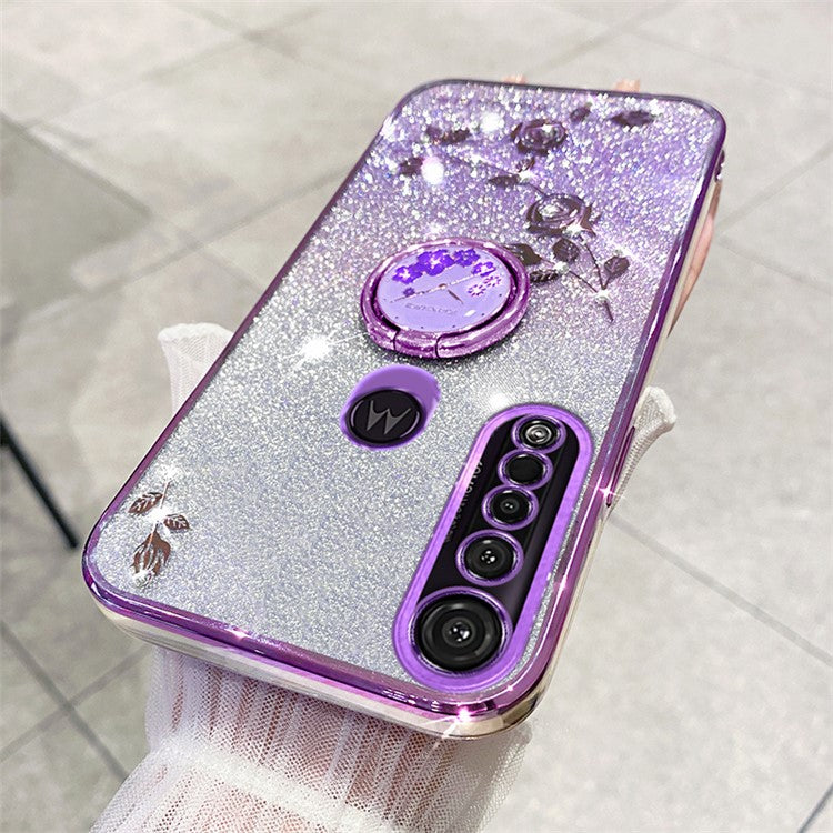 KADEM For Motorola Moto G8 Plus Case Flower Decor Glitter TPU Phone Cover with Kickstand - Purple
