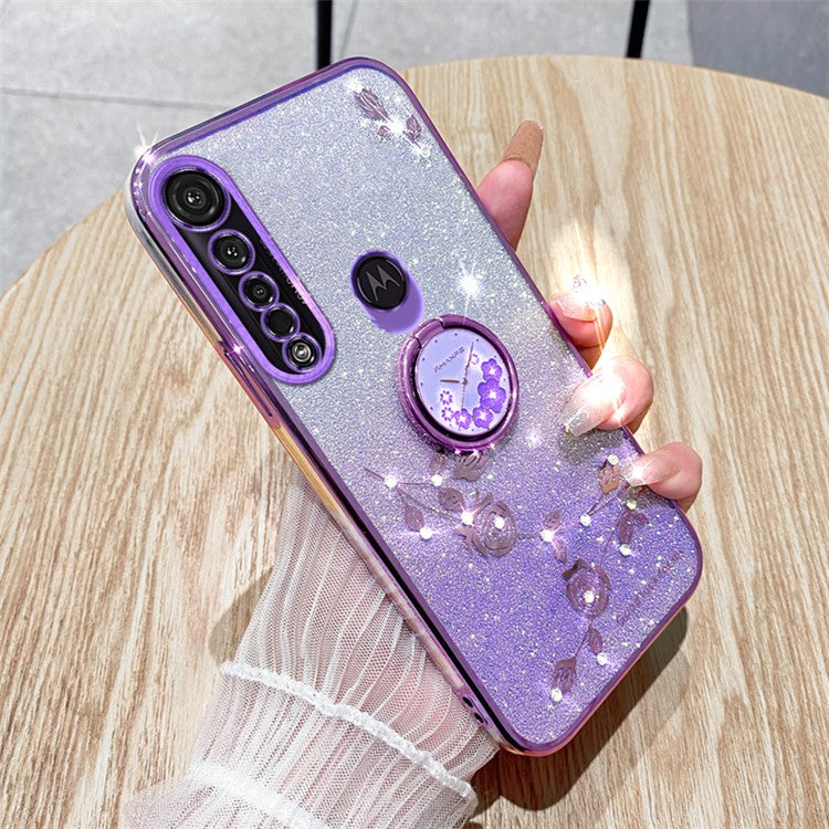 KADEM For Motorola Moto G8 Plus Case Flower Decor Glitter TPU Phone Cover with Kickstand - Purple