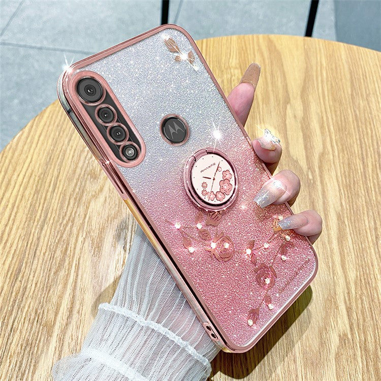 KADEM For Motorola Moto G8 Play TPU Case Rhinestone Flower Phone Cover with Kickstand - Rose Gold