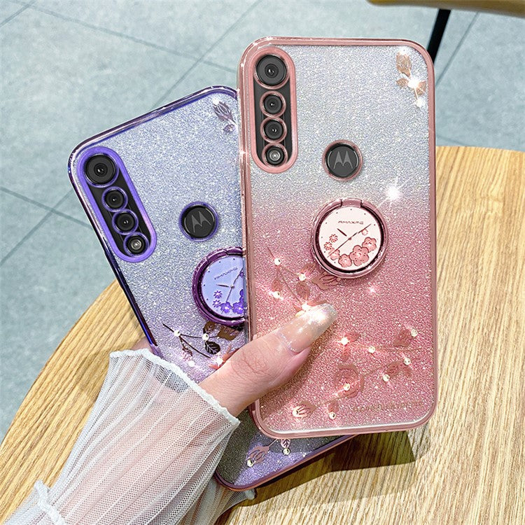 KADEM For Motorola Moto G8 Play TPU Case Rhinestone Flower Phone Cover with Kickstand - Rose Gold