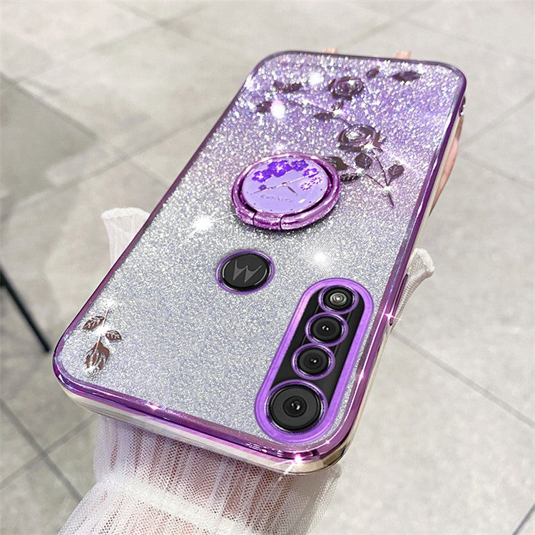 KADEM For Motorola Moto G8 Play TPU Case Rhinestone Flower Phone Cover with Kickstand - Purple