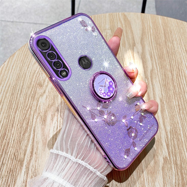 KADEM For Motorola Moto G8 Play TPU Case Rhinestone Flower Phone Cover with Kickstand - Purple
