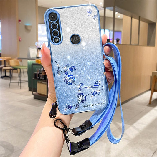KADEM For Motorola Moto G8 Play Case Rhinestone Flower Soft TPU Cover with Strap - Blue