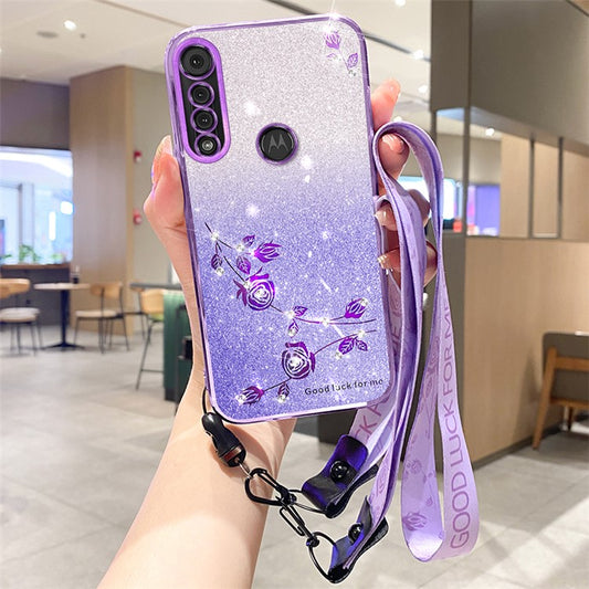 KADEM For Motorola Moto G8 Play Case Rhinestone Flower Soft TPU Cover with Strap - Purple