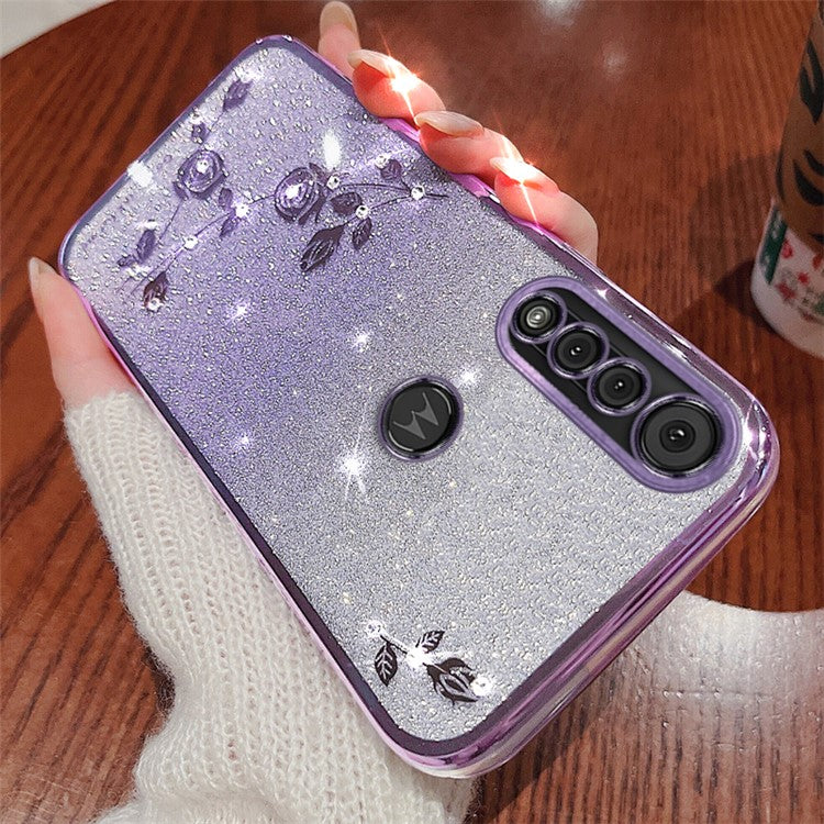 KADEM For Motorola Moto G8 Play Case Rhinestone Flower Soft TPU Cover with Strap - Purple