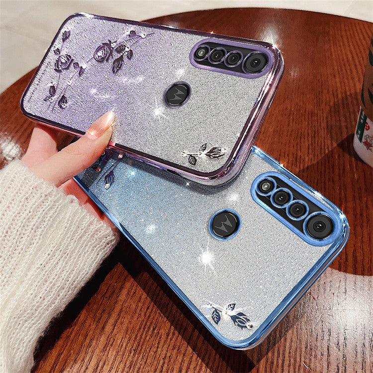 KADEM For Motorola Moto G8 Play Case Rhinestone Flower Soft TPU Cover with Strap - Purple