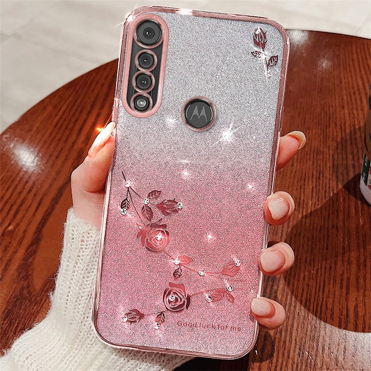 KADEM For Motorola Moto G8 Play Case Rhinestone Decor Glitter Flower TPU Cover - Rose Gold