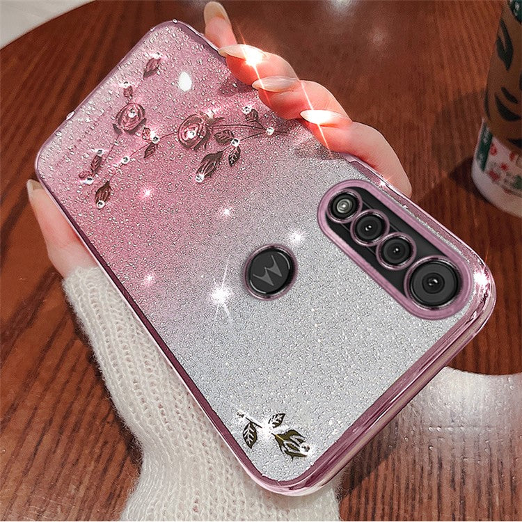 KADEM For Motorola Moto G8 Play Case Rhinestone Decor Glitter Flower TPU Cover - Rose Gold