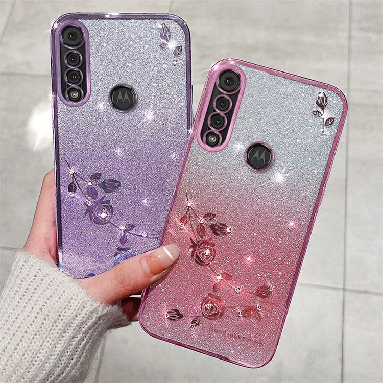KADEM For Motorola Moto G8 Play Case Rhinestone Decor Glitter Flower TPU Cover - Rose Gold
