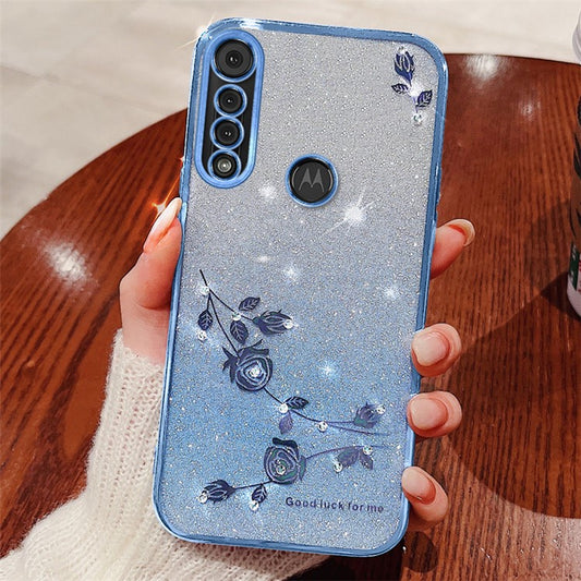 KADEM For Motorola Moto G8 Play Case Rhinestone Decor Glitter Flower TPU Cover - Blue