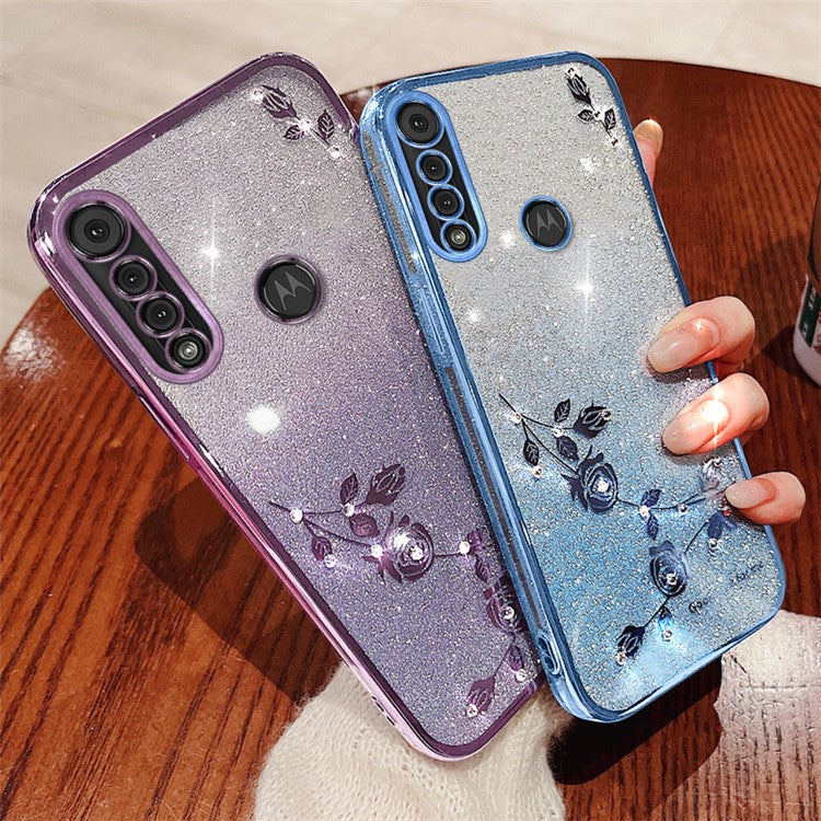 KADEM For Motorola Moto G8 Play Case Rhinestone Decor Glitter Flower TPU Cover - Blue