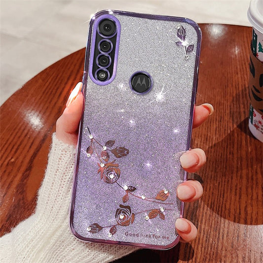 KADEM For Motorola Moto G8 Play Case Rhinestone Decor Glitter Flower TPU Cover - Purple