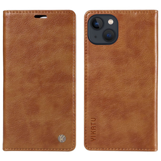 YIKATU YK-006 For iPhone 14 Case Leather Wallet Magnetic Closing Phone Protective Shell - Brown