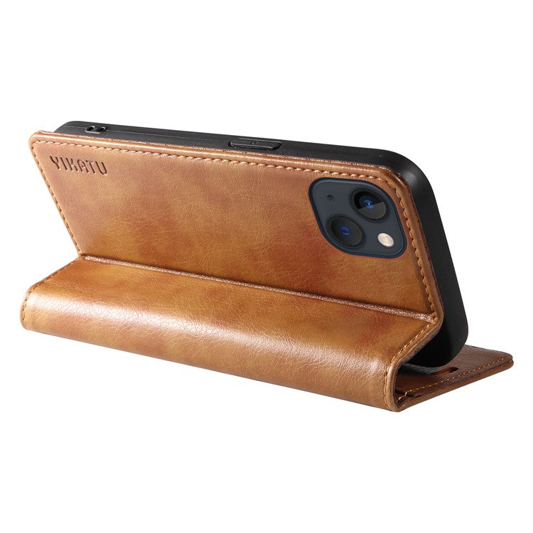 YIKATU YK-006 For iPhone 14 Case Leather Wallet Magnetic Closing Phone Protective Shell - Brown