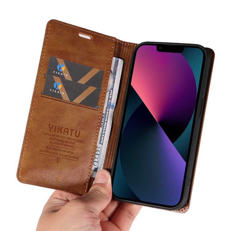 YIKATU YK-006 For iPhone 14 Case Leather Wallet Magnetic Closing Phone Protective Shell - Brown