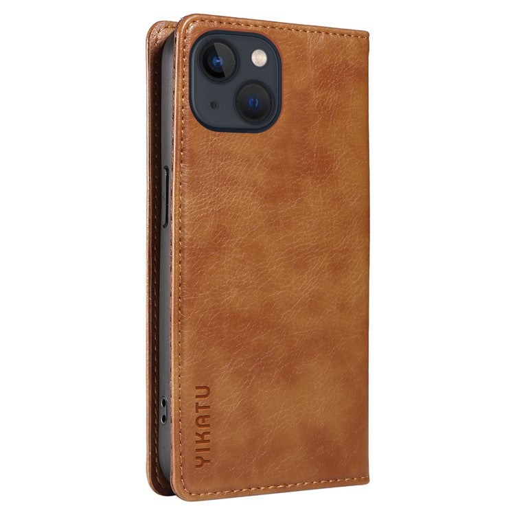 YIKATU YK-006 For iPhone 14 Case Leather Wallet Magnetic Closing Phone Protective Shell - Brown