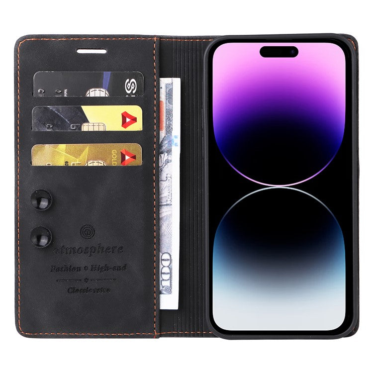 006 Series For iPhone 14 Pro Max Leather Case Suction Cups Closure Phone Cover - Black
