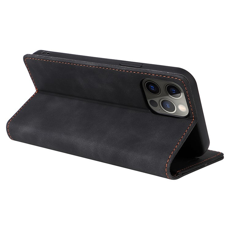 006 Series For iPhone 14 Pro Max Leather Case Suction Cups Closure Phone Cover - Black