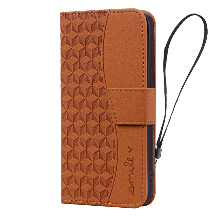 For iPhone 14 Plus Case Wallet Stand Imprinted Rhombus Phone Cover - Brown