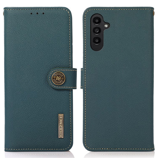 KHAZNEH For Samsung Galaxy A15 4G Case Genuine Cow Leather RFID Blocking Phone Stand Cover - Green