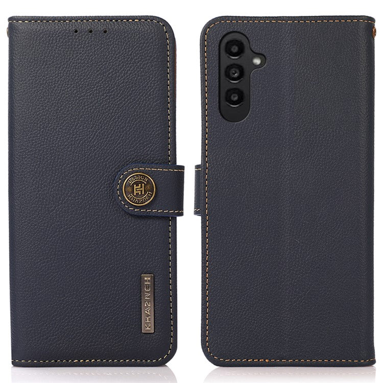 KHAZNEH For Samsung Galaxy A15 4G Case Genuine Cow Leather RFID Blocking Phone Stand Cover - Blue
