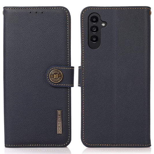 KHAZNEH For Samsung Galaxy A15 4G Case Genuine Cow Leather RFID Blocking Phone Stand Cover - Blue