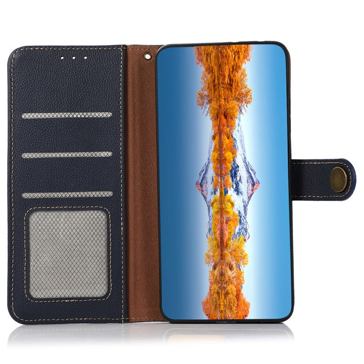 KHAZNEH For Samsung Galaxy A15 4G Case Genuine Cow Leather RFID Blocking Phone Stand Cover - Blue