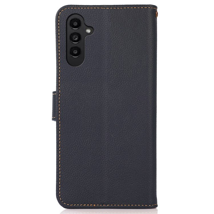 KHAZNEH For Samsung Galaxy A15 4G Case Genuine Cow Leather RFID Blocking Phone Stand Cover - Blue