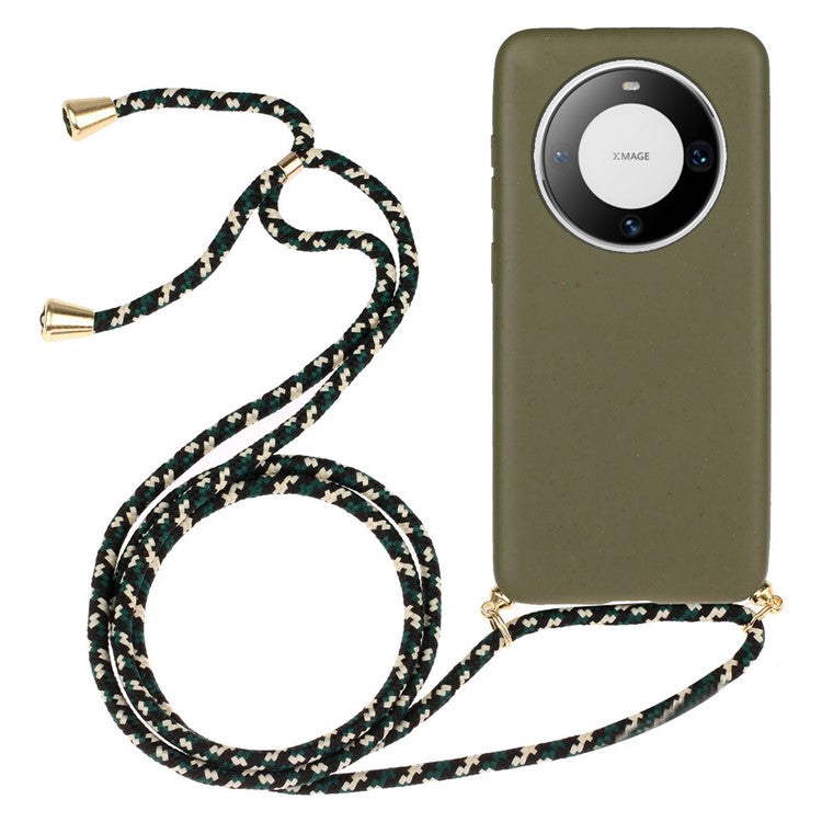 For Huawei Mate 60 Pro Case Anti-Scratch Wheat Straw+TPU Cell Phone Cover with Lanyard - Army Green
