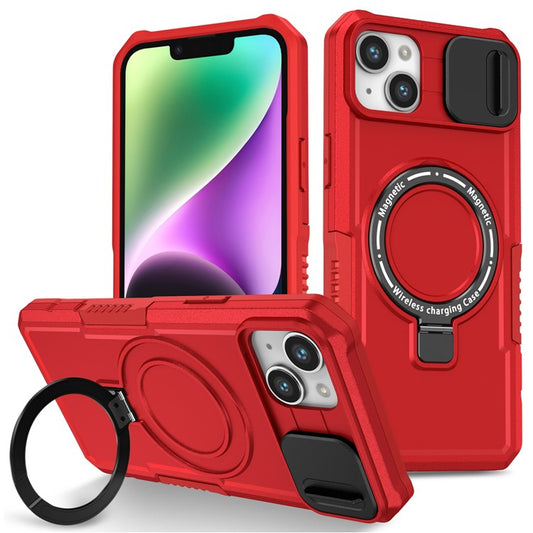 For iPhone 14 Case Kickstand Magnetic Phone Protector with Sliding Lens Cover - Red