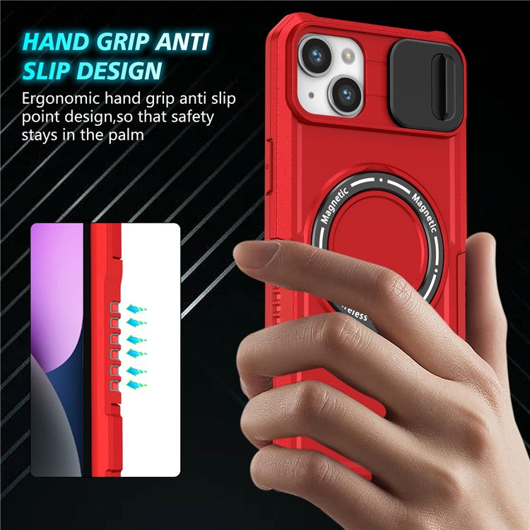 For iPhone 14 Case Kickstand Magnetic Phone Protector with Sliding Lens Cover - Red