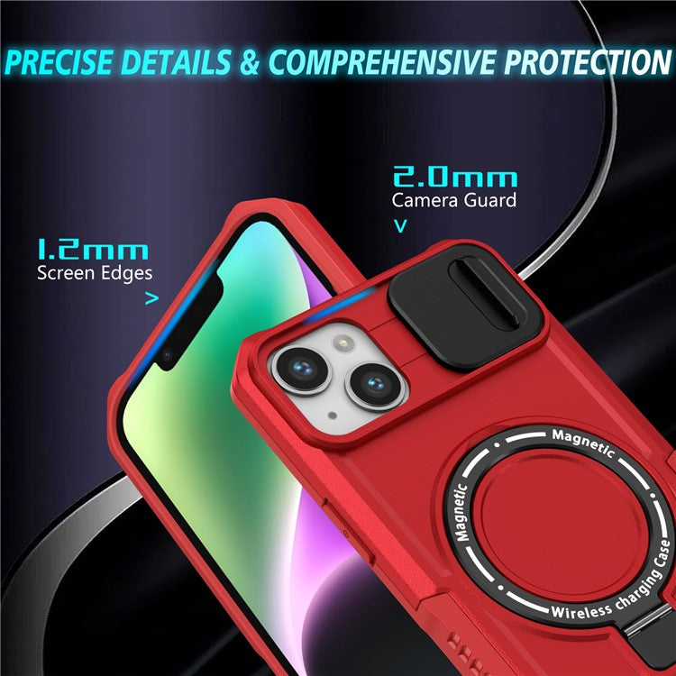 For iPhone 14 Case Kickstand Magnetic Phone Protector with Sliding Lens Cover - Red