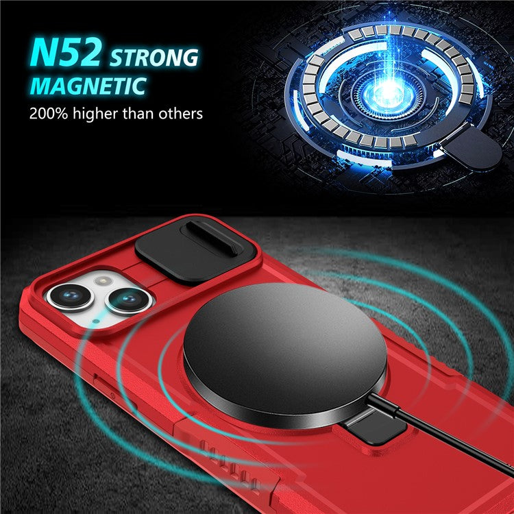 For iPhone 14 Case Kickstand Magnetic Phone Protector with Sliding Lens Cover - Red