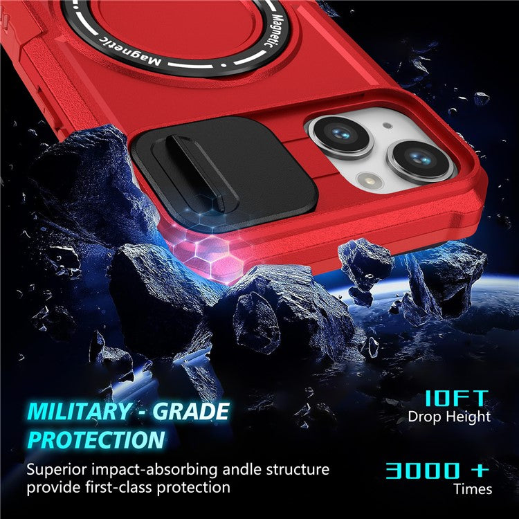 For iPhone 14 Case Kickstand Magnetic Phone Protector with Sliding Lens Cover - Red