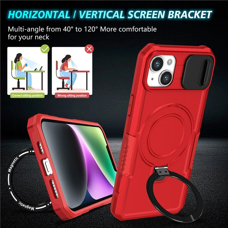 For iPhone 14 Case Kickstand Magnetic Phone Protector with Sliding Lens Cover - Red